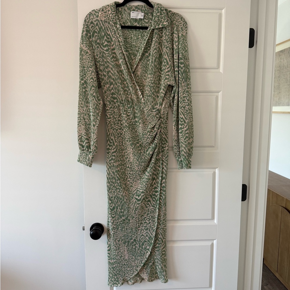 ASOS Green and Cream Long Sleeve Wrap Dress